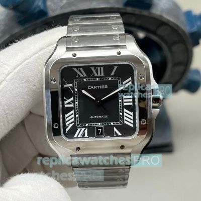 BV Factory Swiss Replica Cartier Santos de Cartier Black Dial Large Stainless Steel Watch 